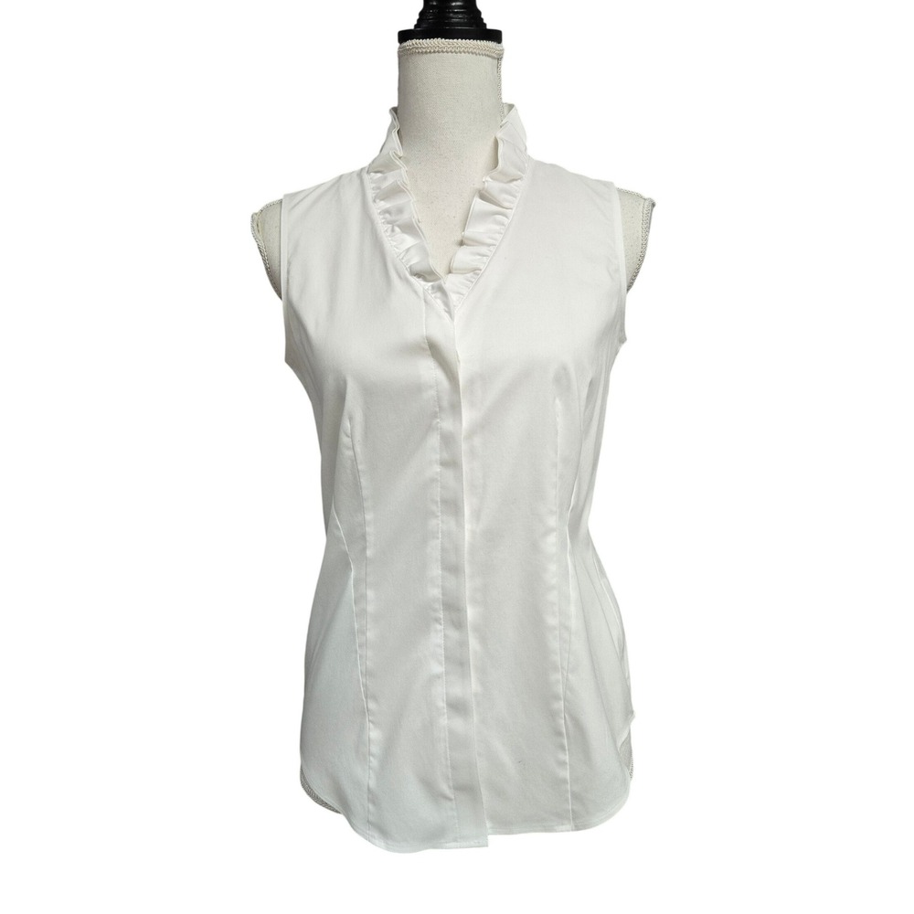 Brooks Brothers White Supima Cotton Ruffle V-Neck Sleeveless Blouse Size 0